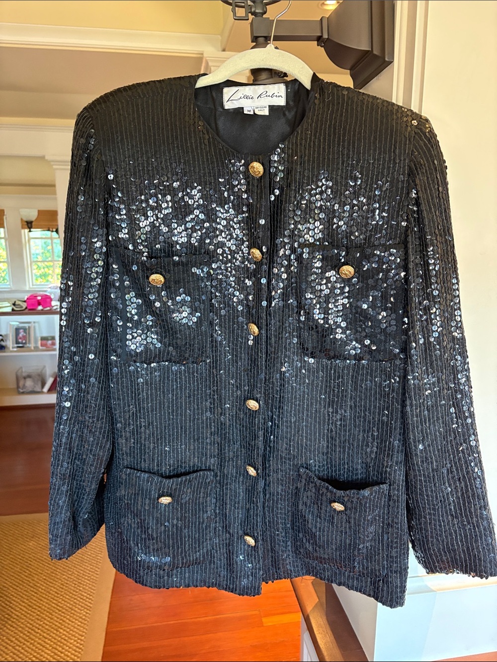 Lillie Rubin Black Sequin Blazer with Gold-Tone Buttons